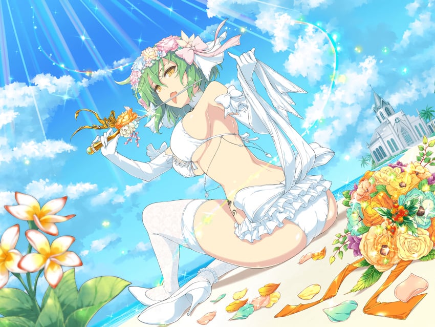 1girls ass big_breasts breasts detailed_background green_hair hikage_(senran_kagura) large_breasts licking looking_at_viewer looking_back senran_kagura senran_kagura_(series) sideboob sitting_down solo sunrays sword tattoo thigh_high_socks tongue_out wedding_dress wedding_lingerie yaegashi_nan yellow_eyes