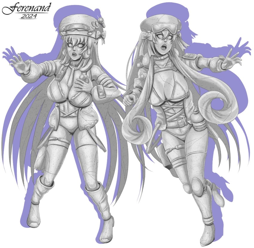 2girls boots bra breasts choker cleavage ferenand goggles hat high_heels large_breasts open_mouth original original_character petrification petrified ribbons ripsaw72a3 scared scared_expression sweater thick_thighs thighs twintails underwear