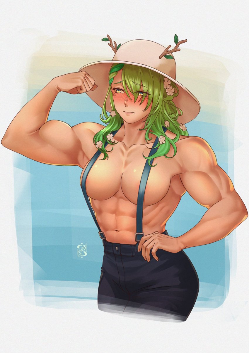 1girls abs blush breasts embarrassed flexing green_hair hi_res iskaydi large_breasts muscular muscular_female navel obliques original shirtless solo suspenders