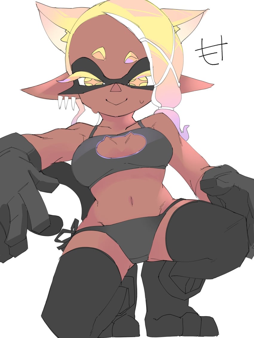 black_bra black_panties bra cat_ears cat_keyhole_bra cat_tail clothing_cutout dark-skinned_female ear_piercing earrings facing_viewer fake_animal_ears fake_animal_tail frye_(splatoon) gloves inkling looking_at_viewer mocamocaink multicolored_hair navel panties purple_hair smiling splatoon splatoon_3 squatting string_panties sweat thighhighs yellow_eyes yellow_hair