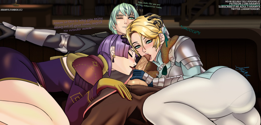 1boy 2girls alternate_version_available aramyx ass bare_thighs bent_over bernadetta_von_varley big_ass blonde_hair breasts byleth_(fire_emblem) byleth_(fire_emblem)_(male) closed_eyes cock_worship collaborative_fellatio cooperative_fellatio dress earrings english_text fellatio female female_focus ffm_threesome fire_emblem fire_emblem:_three_houses gloves green_eyes green_hair group_sex hair_between_eyes hand_on_head indoors ingrid_brandl_galatea kissing_penis long_sleeves male medium_breasts multiple_girls nintendo oral pants penis purple_hair short_hair teamwork testicles text thighs threesome worship yellow_hair