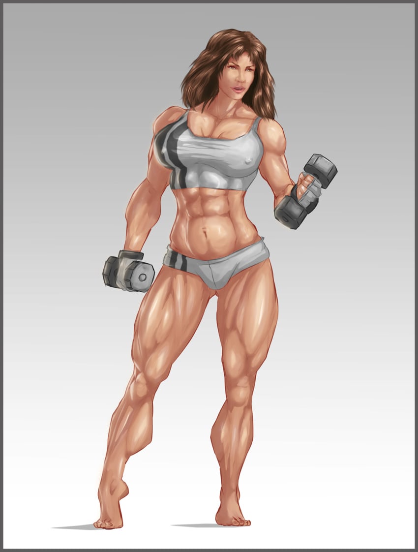 abs b9tribeca barefoot breasts brown_hair extreme_muscles female female_only fingerless_gloves gloves green_eyes looking_at_viewer muscle_growth muscles muscular muscular_female navel solo thighs