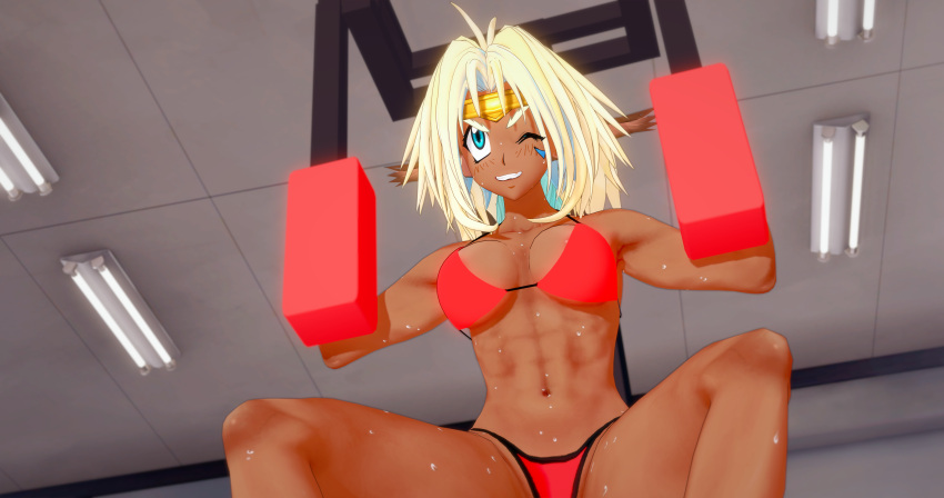 1girls 3d 3d_(artwork) 3d_model abs aisha_clanclan bikini cat_ears catgirl cute_fang dark-skinned_female exercise_equipment fanart feet_up female female_focus glistening_body gym highres kaio-sheeen koikatsu laying_on_stomach muscular muscular_female outlaw_star solo_female spread_legs sweat toonami working_out