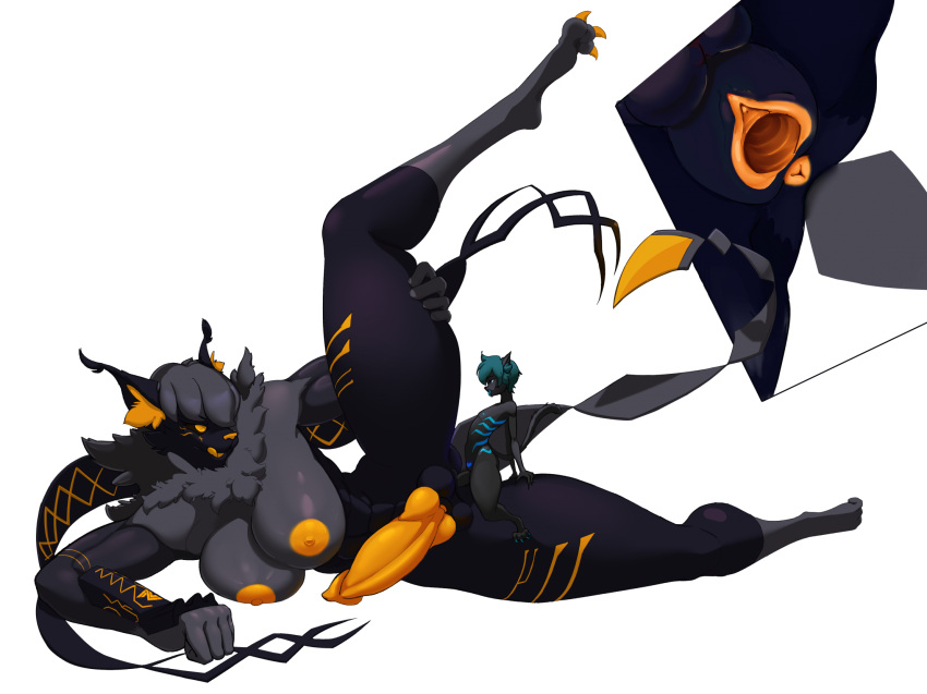 animal_genitalia anthro areola armor ass balls bandai_namco big_balls big_breasts big_butt black_body black_fur black_sclera blue_eyes blue_hair breasts digimon digimon_(species) domestic_cat duo felid feline felis fur futanari genitals gold_areola gold_markings gold_nipples gynomorph hair hi_res intersex intersex/male knot knotted_penis leg_armor lying maine_coon male mammal markings meicrackmon meicrackmon_vicious_mode nipples on_side orange_areola orange_body orange_ear_fluff orange_eyes orange_fur orange_markings orange_nipples penis schorl sex sheath shoulder_armor size_difference thick_thighs zeta_(meicrackmon) zeta_(zeraora)