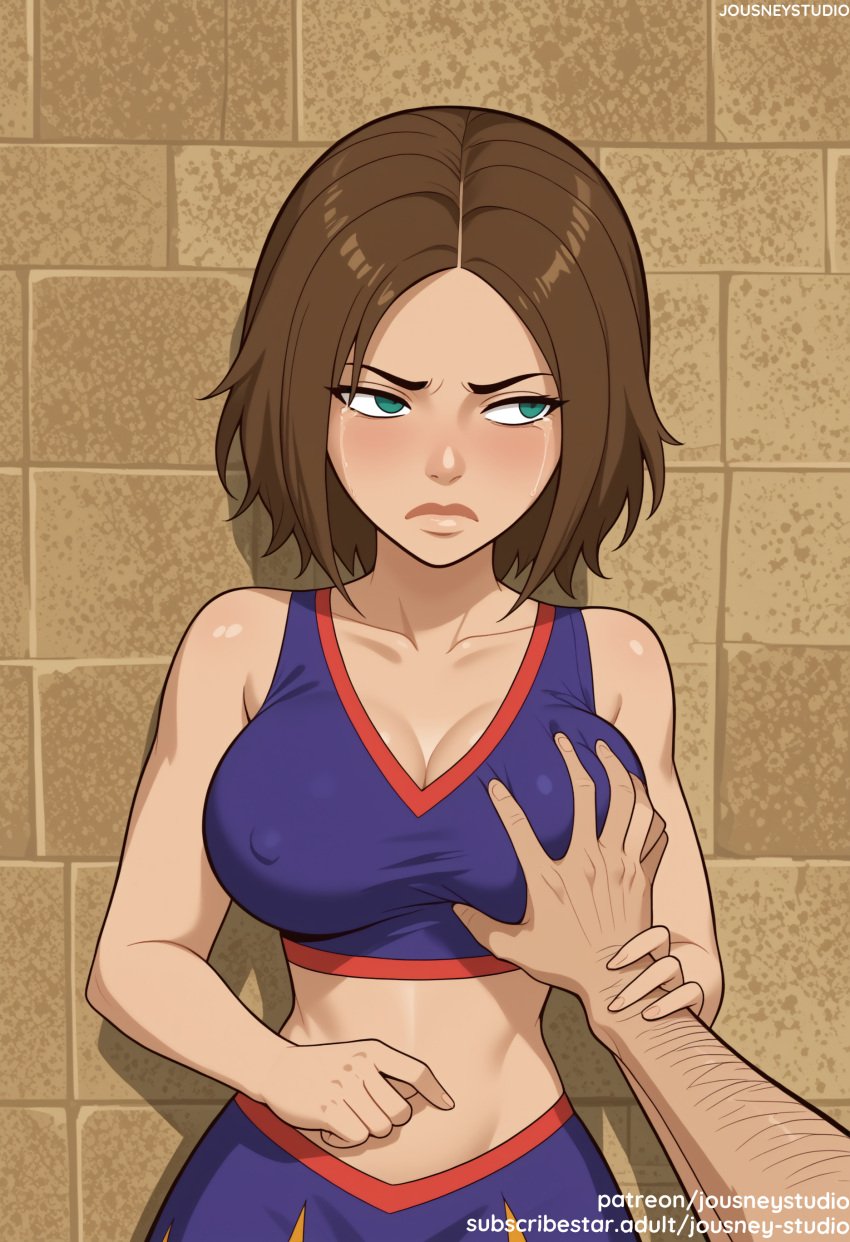 1boy ai_generated bare_shoulders blue_eyes blush bonnie_rockwaller breast_grab breasts brown_hair cleavage closed_mouth clothing crop_top crying crying_with_eyes_open disney english_text female female grabbing green_eyes groping guided_breast_grab guiding_hand holding_another's_wrist jousneystudio kim_possible large_breasts looking_at_viewer looking_to_the_side male midriff navel pov_hands shirt short_hair skirt solo_focus straight tears