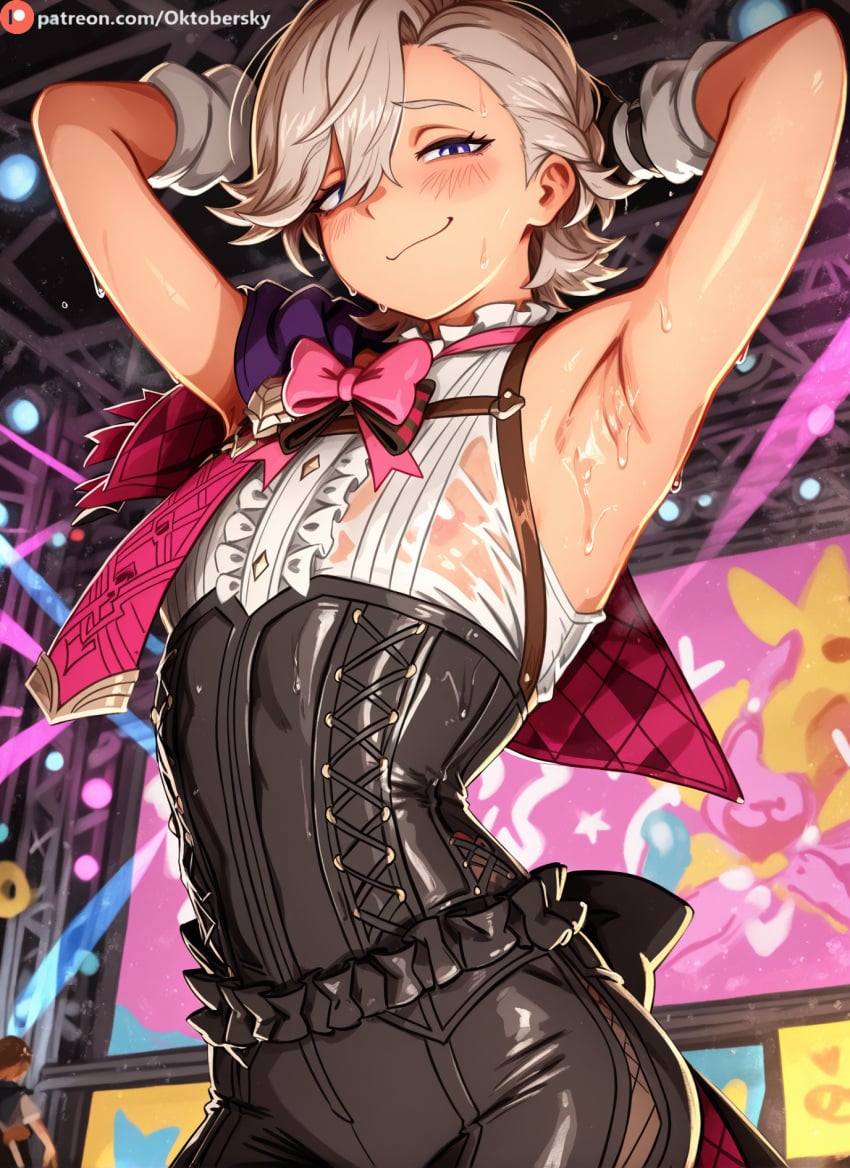 1boy ai_generated armpits clothed femboy genshin_impact lyney_(genshin_impact) male oiled oktobersky on_stage otoko_no_ko seductive_smile solo_male stage standing