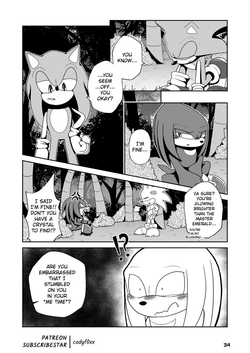 absurd_res angel_island blush blush_lines clothed clothing codyf0xx comic echidna english_text eulipotyphlan footwear forest gloves greyscale handwear hedgehog hi_res knuckles_the_echidna male male_only mammal manga_style monochrome monotreme partially_clothed plant sega shoes sonic_(series) sonic_the_hedgehog sonic_the_hedgehog_(series) speech_bubble text tree