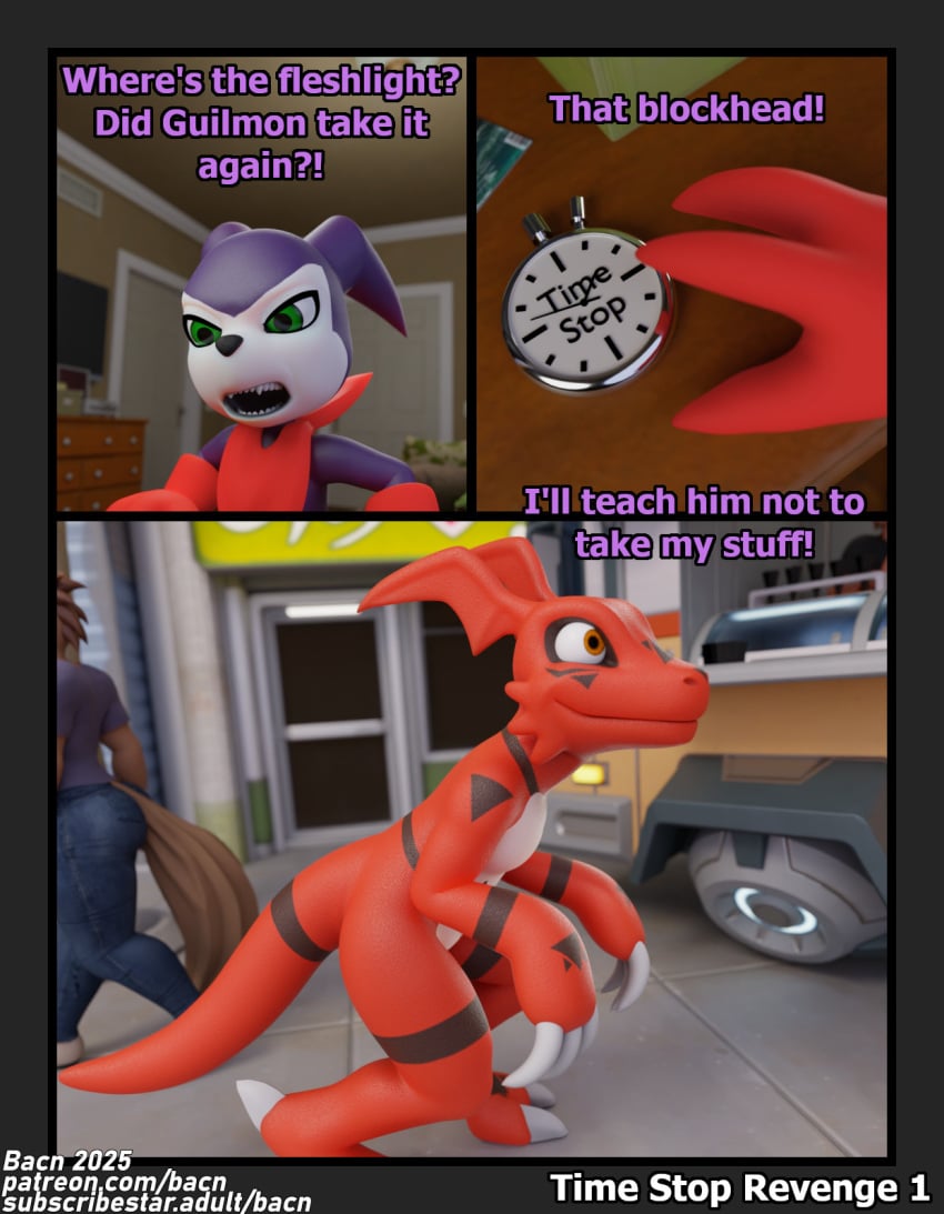2025 3d angry anthro bacn bandai_namco casual_nudity claws clothed clothing comic detailed_background dialogue digimon digimon_(species) digital_media_(artwork) duo english_text guilmon guilmon_(bacn) hair hi_res imp impmon impmon_(bacn) male male/male mammal markings nude open_mouth outside public public_nudity red_body scalie smile tail teeth text white_body