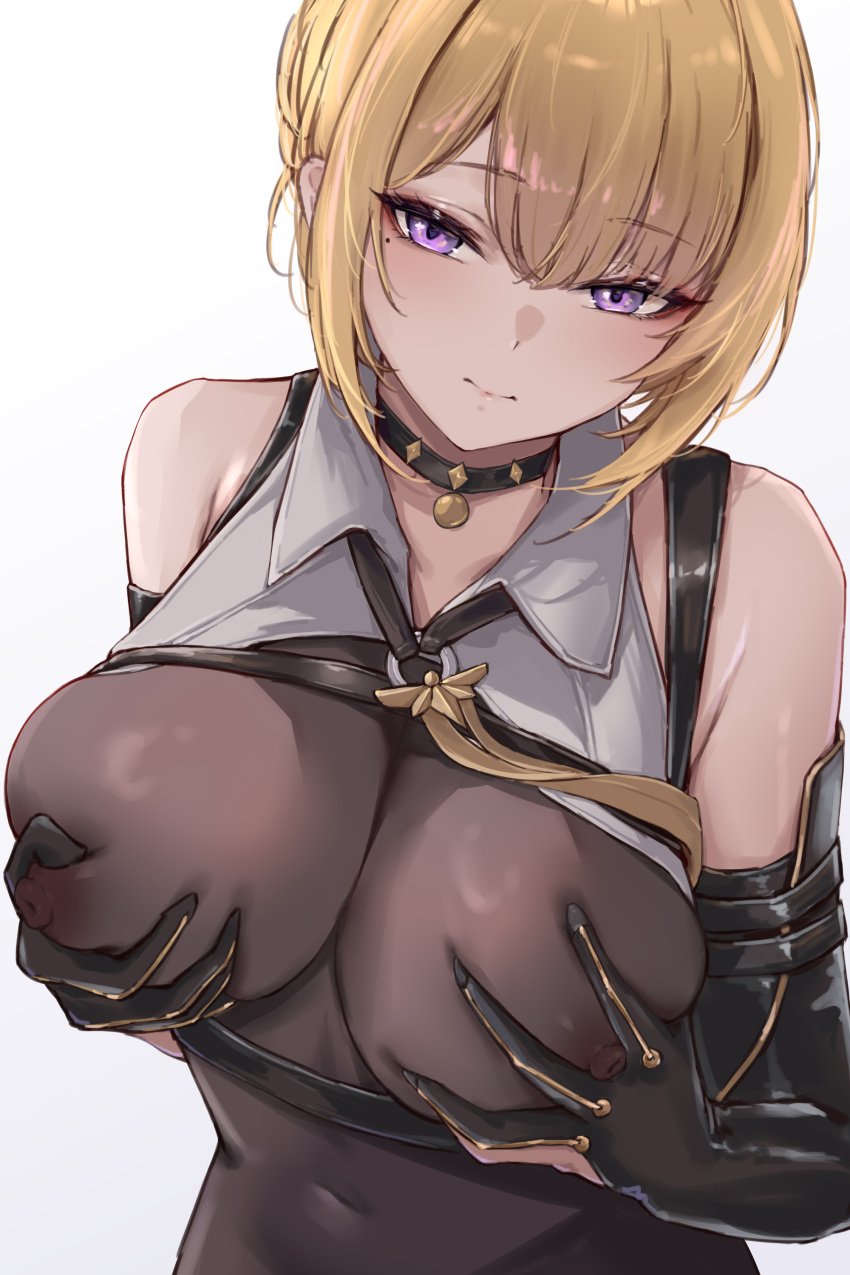 1girls absurdres arm_strap bare_shoulders black_choker black_gloves blonde_hair bodystocking breasts chest_harness choker closed_mouth collared_shirt covered_navel covered_nipples e.c.ho elbow_gloves evelyn_chevalier female gloves grabbing_own_breast hair_up hands_on_own_chest harness highres large_breasts looking_at_viewer mole mole_under_eye necktie necktie_aside o-ring pendant_choker purple_eyes shirt short_hair simple_background single_elbow_glove sleeveless sleeveless_shirt solo uneven_bangs upper_body white_background white_shirt yellow_necktie zenless_zone_zero