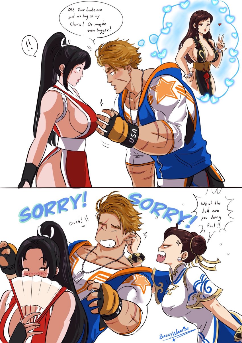 !! 1boy 2girls 2koma angry bardywarrior black_hair brown_hair caught caught_cheating china_dress chinese_clothes chun-li comic couple crossover ear_pull english_text fatal_fury groping_motion king_of_fighters kunoichi large_breasts luke_sullivan mai_shiranui netorare no_bra ntr ponytail revealing_clothes scar sideboob street_fighter street_fighter_6