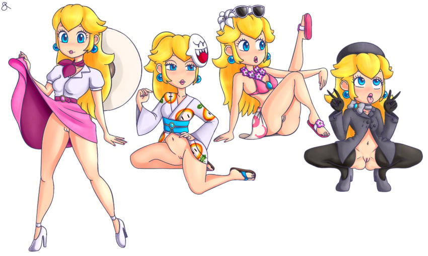 blonde_hair blue_eyes boo_(mario) clothing earrings female flower high_heels kimono lips mario_(series) nintendo open_toe_shoes princess_peach pussy rasenxoru sandals simple_background solo sunglasses super_mario_odyssey vagina