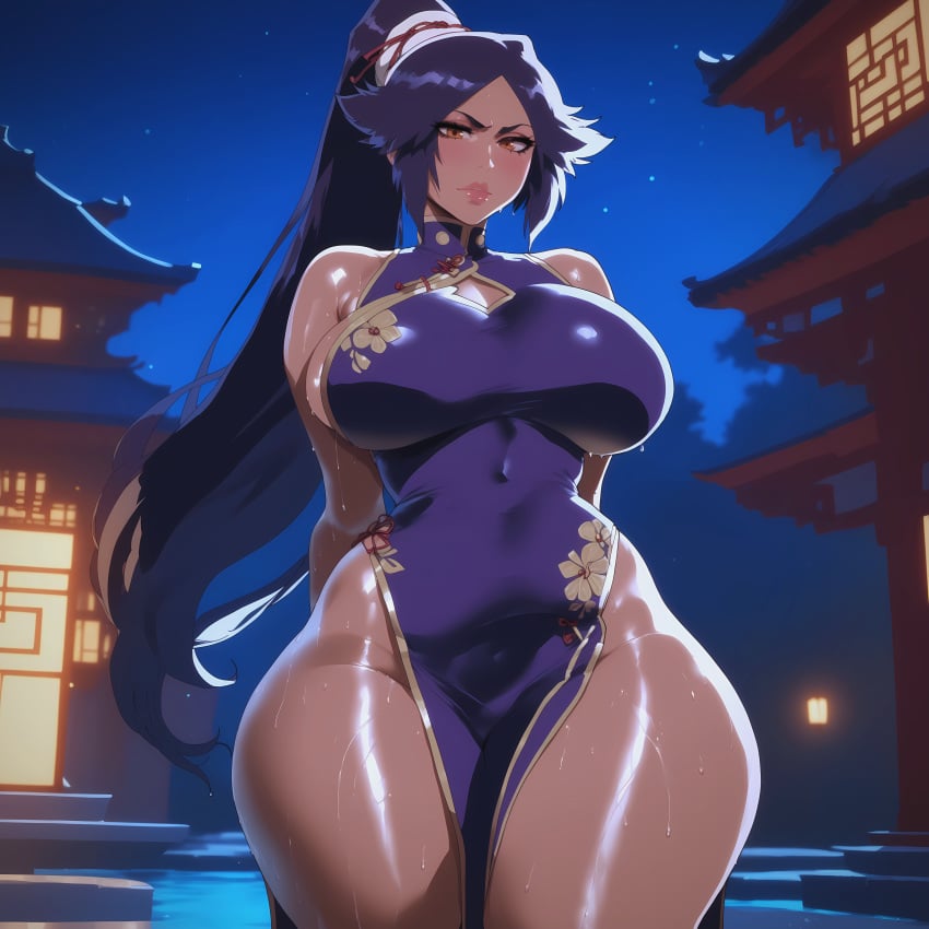 ai_assisted ai_generated anime background bare_shoulders big_ass big_breasts bleach boob_window brown_eyes china_dress chinese_clothes dark-skinned_female dark_skin detailed_background disgusted exposed_legs exposed_thighs female female_focus from_the_front front_view hands_behind_back hi_res high_resolution highres long_hair milf navel night night_sky oiled oiled_skin plump_ass ponytail public purple_dress purple_hair qipao saiyunnart shihouin_yoruichi shiny_skin sideboob slutty_clothes small_waist solo solo_female sweaty sweaty_body thick_ass thick_legs thick_thighs thighs voluptuous_futanari wide_hips