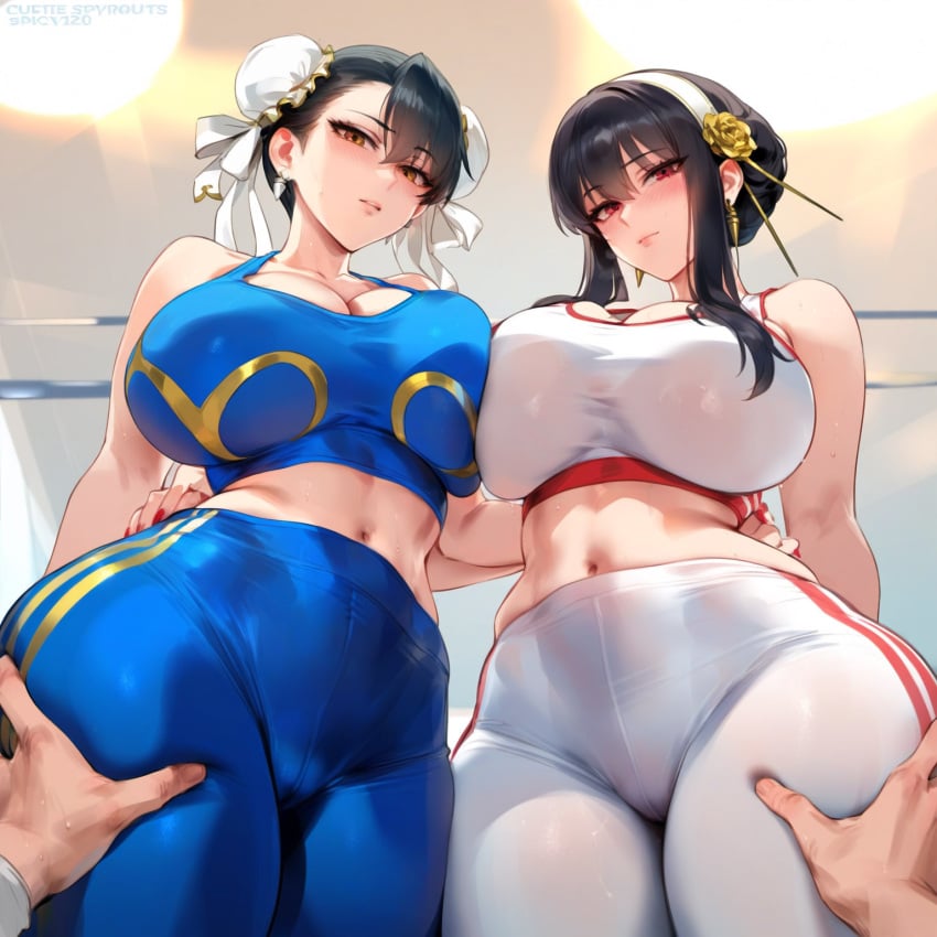 2girls ai_generated alternate_hairstyle ass_grab bangs bare_shoulders black_hair blush breasts cameltoe chun-li chun-li_(fortnite) cleavage collarbone cosplay depressu double_bun earrings eyebrows_visible_through_hair gym gym_uniform hair_between_eyes hair_ornament hair_ribbon huge_breasts jewelry leg_grab leggings long_hair looking_at_viewer multiple_girls navel pants pov ribbon shiny_skin smile solo_focus sports_bra street_fighter sweat taut_clothes thighs white_legwear yor_briar yuri