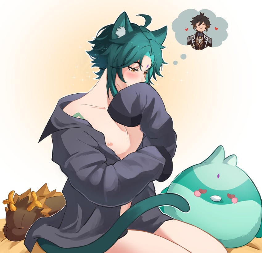 2boys black_hair blush blushed_face brown_hair cat_boy catboy cute_face femboy gay genshin_impact girly girly_boy heart light-skinned_male light_skin male male_focus orange_hair pink_nipples plushie solo_male trap twink white_background xiao_(genshin_impact) yaoi yellow_eyes zhongli_(genshin_impact)
