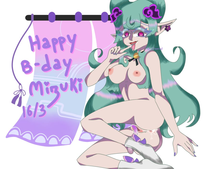 _crimsonleaf artist_name ass asshole big_ass big_breasts birthday cum curtains drooling female_masturbation genshin_impact green_hair horns horny horny_female long_hair masturbation mint_hair nail_polish nude nude_female posted_by_artist purple_eyes self_fuck self_upload socks socks_only solo_female tail text tongue_out vaginal_penetration video_games white_skin yokai yumemizuki_mizuki