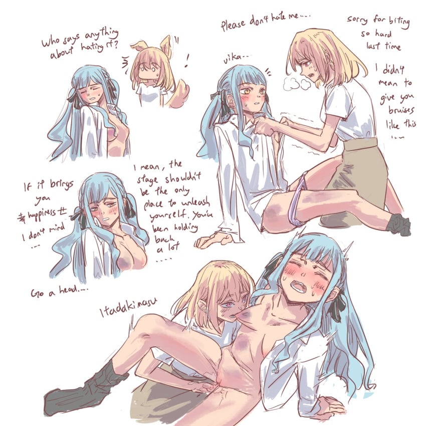 2girls anjuro_zeeku bang_dream! bang_dream!_it's_mygo!!!!! black_socks blue_hair breast_biting breasts english_text female fingering highres long_hair medium_breasts medium_hair misumi_uika moaning multiple_girls naked_shirt open_clothes open_shirt panties panty_pull pussy pussy_juice shirt socks sweat togawa_sakiko underwear yuri