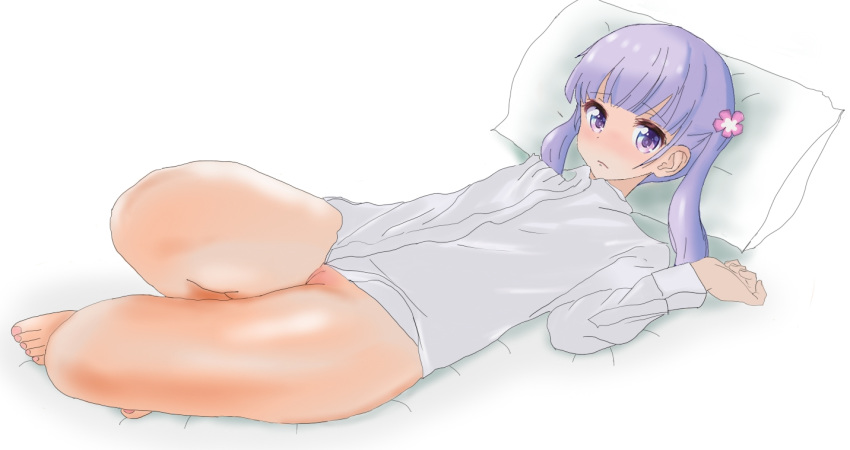 1girls bangs barefoot blunt_bangs blush bottomless clothing female female_only full_body long_hair looking_at_viewer lying new_game! on_back pillow purple_eyes purple_hair pussy shirow_(mha03133) solo suzukaze_aoba toenails twintails