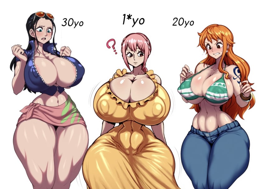 3girls age_difference ai_generated artist_request blush breast_envy breast_size_difference breasts breasts_bigger_than_head busty_teenager clothing female female_only gigantic_breasts hips_wider_than_shoulders huge_breasts nami_(one_piece) nico_robin one_piece post-timeskip rebecca_(one_piece) teenager wide_hips
