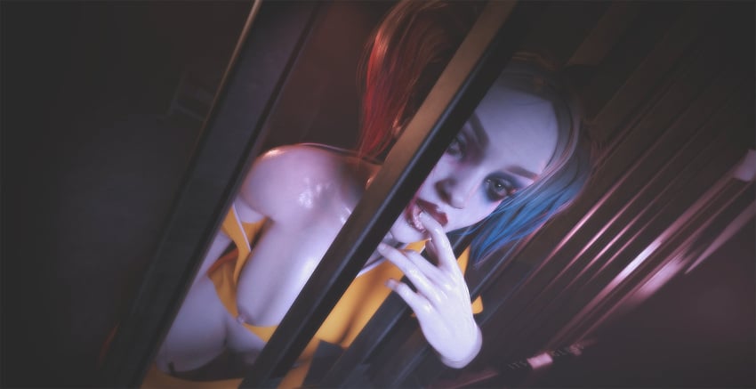 1girls 2025 3d areolae batman_(series) blonde_hair blue_eyes blue_eyeshadow blue_streak breast_out breasts breasts_out drooling exposing_self eyeshadow female female_only finger_in_mouth full_face_blush hairless_pussy harley_quinn harley_quinn_(injustice) heavy_makeup indoors injustice_2 inmate its-gergless jail jail_cell legs_apart licking_own_finger lipstick long_hair looking_at_viewer nipples one_breast_out pants_down prison_bars prison_uniform prisoner pussy red_eyeshadow red_lipstick red_streak shirt shirt_down solo standing tied_hair twintails two-tone_eyeshadow vulva wet wet_body