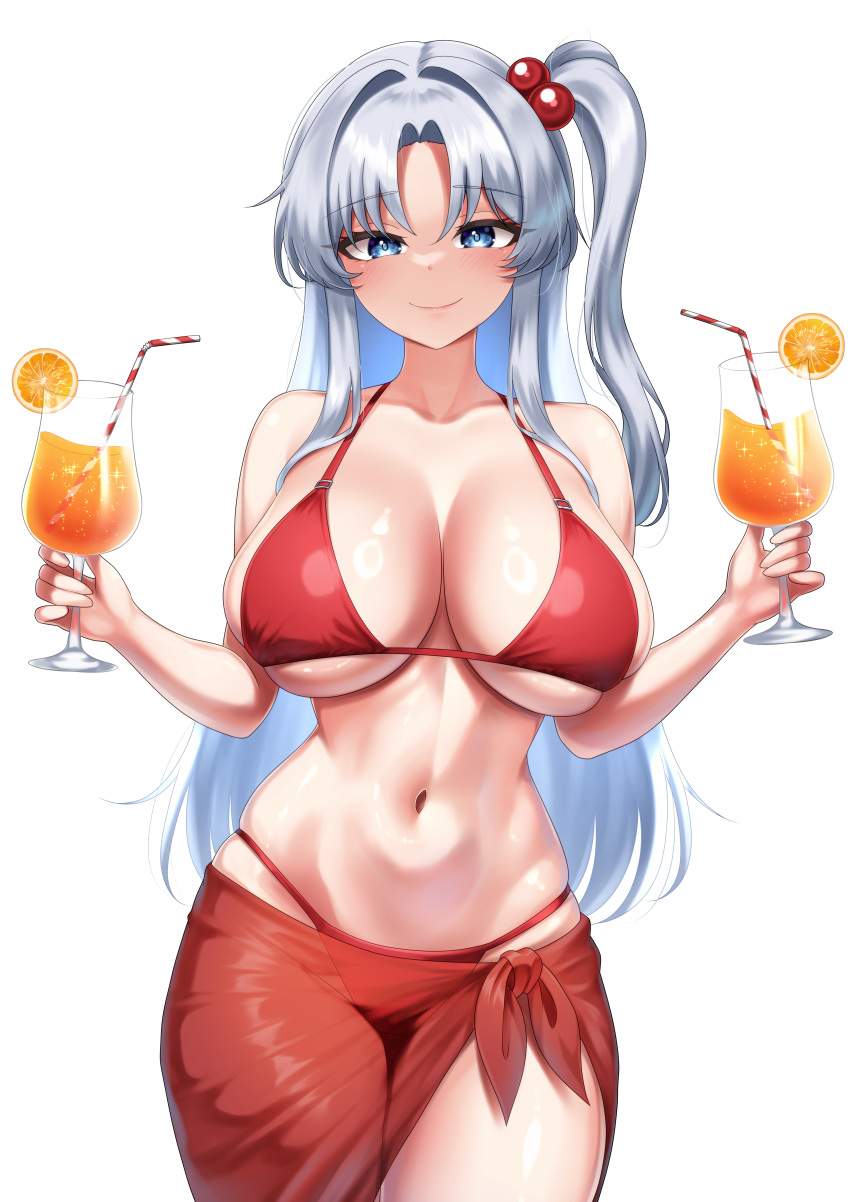 bikini blue_eyes breasts cocktail female leo23 nipples shinki_(touhou) silver_hair smile touhou touhou_(pc-98)
