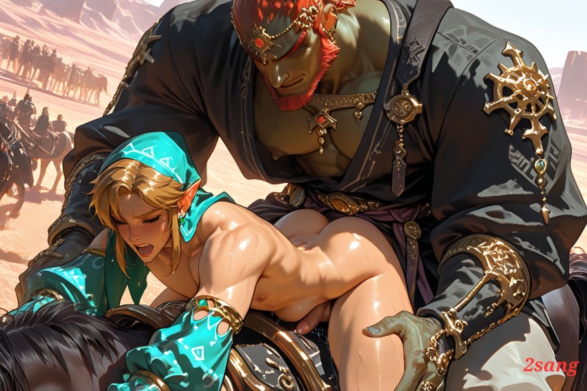 2sang age_difference ai_generated anal_sex belly_bulge big_man big_penis femboy femboysub ganondorf gay grabbing_from_behind horse_riding horseback_riding link male male_domination outdoors penis public_sex size_difference