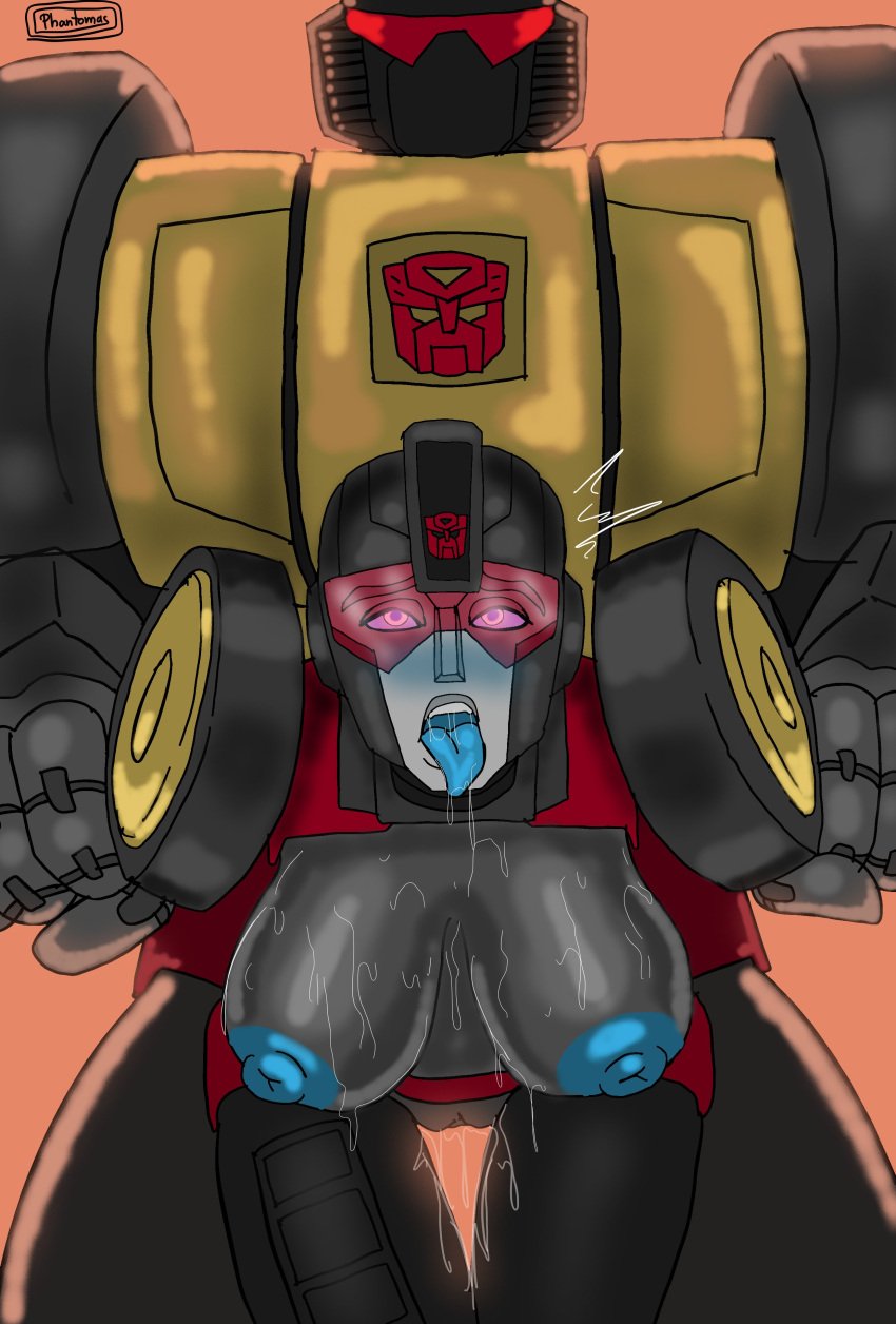 breasts breasts_out grimlock_(transformers) phantomas(artist) robot sex size_difference slash_(transformers) standing_sex straight sweat tongue tongue_out transformers visor