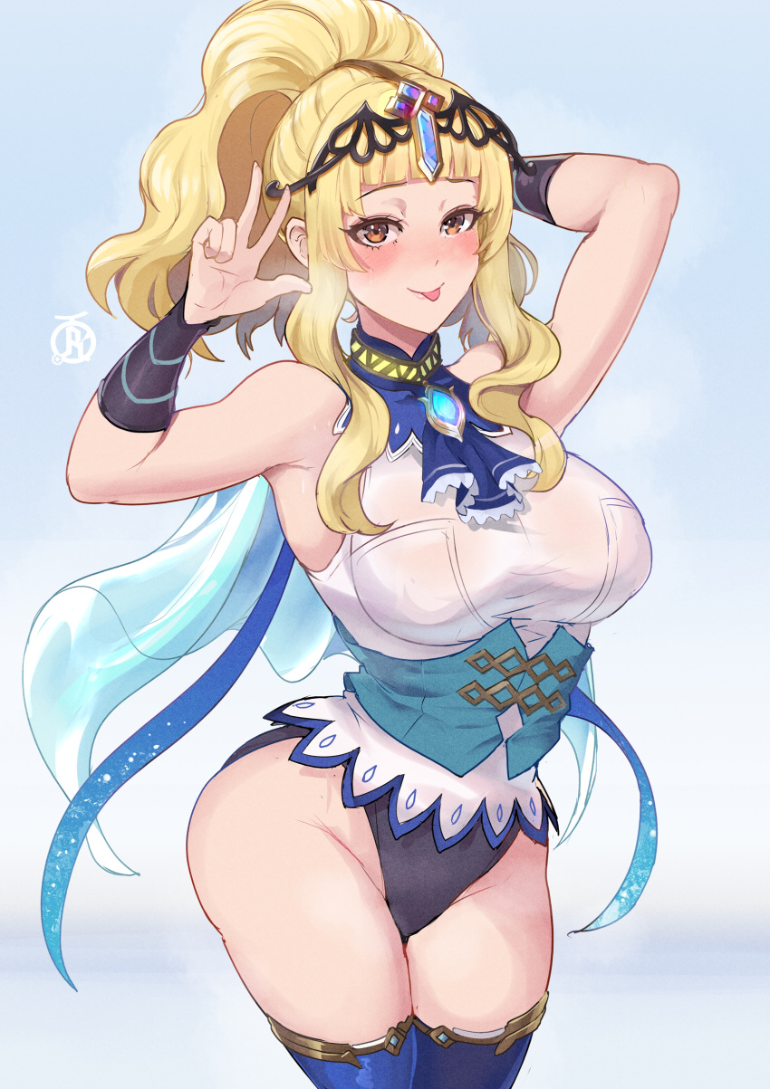 1girls :p absurdres alternate_costume armband arms_up ass black_leotard black_panties blonde_hair blue_thighhighs blush breasts brooch brown_eyes clair_(fire_emblem) clair_(resplendent)_(fire_emblem) corset covered_nipples female female_only fire_emblem fire_emblem_echoes:_shadows_of_valentia fire_emblem_heroes forehead_jewel heavy_breathing highres jewelry large_breasts leotard naughty_face nintendo official_alternate_costume panties ponytail revolverwingstudios see-through_clothes solo standing thick_thighs thighhighs thighs tongue tongue_out w wavy_hair