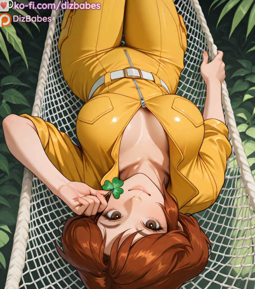 1girls ai_generated april_o'neil april_o'neil_(tmnt_1987) cleavage clover dizbabes female ginger hammock irish looking_at_viewer outdoors shamrock solo_female stable_diffusion teenage_mutant_ninja_turtles yellow_jumpsuit