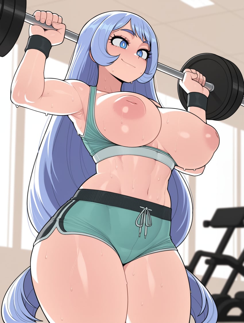 ai_generated ass big_breasts breasts female female_focus gym huge_ass larger_female long_hair my_hero_academia nejire_hado presenting purple_hair thick_thighs thighs wide_hips