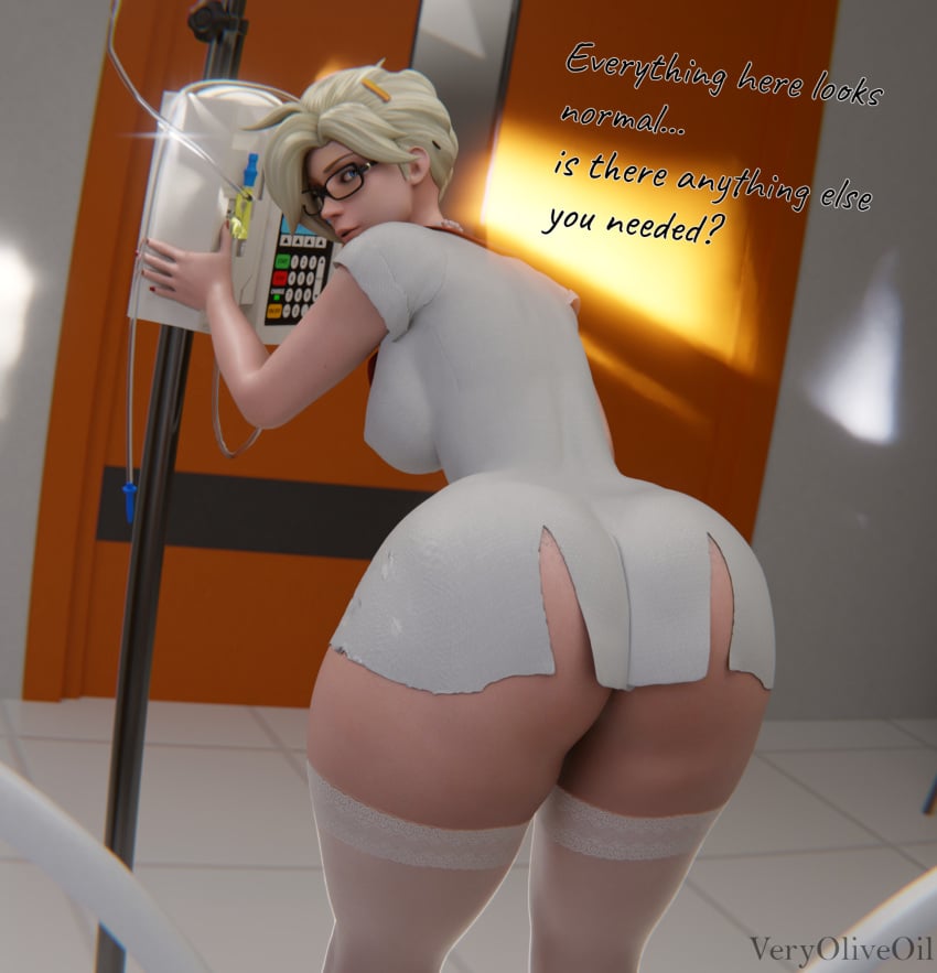 3d bent_over big_ass blender blonde_hair blue_eyes bottom_heavy caption eye_contact fat_ass glasses hospital mercy mrveryoliveoil nurse nurse_clothing nurse_uniform overwatch stockings teasing