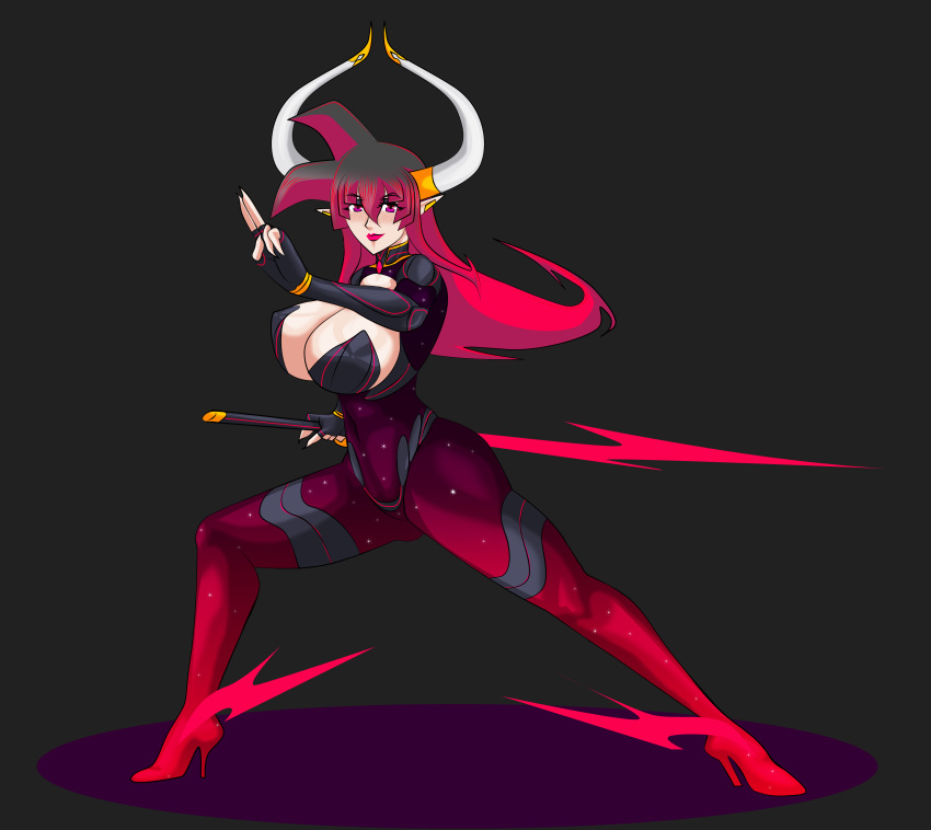 breasts demon_girl demon_horns fighting_stance huge_breasts lipstick mai_(supernova) multicolored_hair pink_eyes plugsuit sword