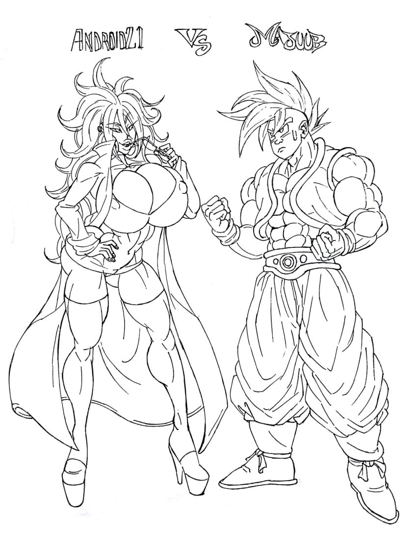 1boy 1girls abs alternate_version_available android_21 android_21_(human) bare_shoulders belt big_breasts black_and_white busty cleavage cleavage_cutout clothed clothed_female clothed_male clothes clothing coat curvy dark-skinned_male dragon_ball dragon_ball_fighterz dragon_ball_gt dress erect_nipple erect_nipples eyelashes female footwear front_view hand_on_hip hands_on_hip high_heels holding_object hourglass_figure human interracial long_hair majuub male muscles muscular muscular_male nipple_bulge revealing_clothes shoes short_hair standing sun1sol text uub video_game video_games voluptuous wide_hips