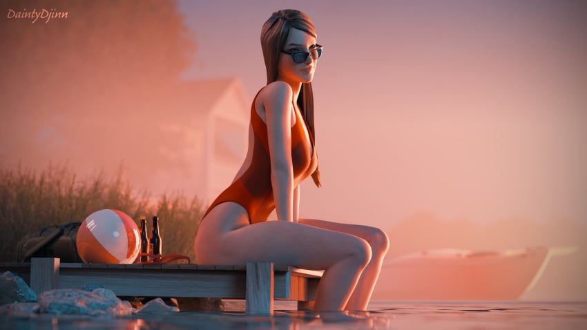 1girls 3d backless_outfit backless_swimsuit blender daintydjinn female female_only highleg_swimsuit life_is_strange one-piece_swimsuit open_back orange_swimsuit pinup rachel_amber solo sunglasses sunset swimsuit