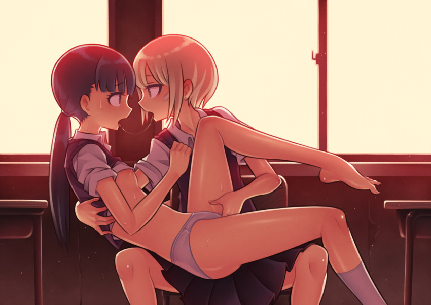 2girls after_kiss backlighting bandaid bandaid_on_face bangs barefoot black_hair black_skirt blonde_hair blunt_bangs blush breasts brown_eyes chair classroom clothing copyright_request desk earrings eye_contact fingering fingering_partner fingering_through_clothes fingering_through_panties from_side hair_tie hand_on_another's_back highres indoors jewelry kneehighs long_hair looking_at_another low_twintails multiple_girls nipple_slip nipples nishikasai_munieru no_bra open_mouth panties pleated_skirt saliva saliva_trail school_desk school_uniform shirt_lift short_hair short_sleeves single_kneehigh sitting skirt small_breasts spread_legs stud_earrings sweat sweater_vest tareme thighs through_clothes tongue tongue_out twintails underwear vulva_handjob white_legwear white_panties window yuri