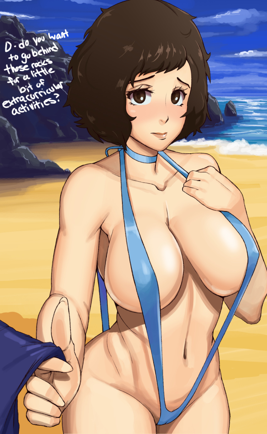 1girls big_breasts bikini breasts cleavage female female_only large_breasts looking_at_viewer persona persona_5 sadayo_kawakami sling_bikini solo standby swimsuit swimwear text