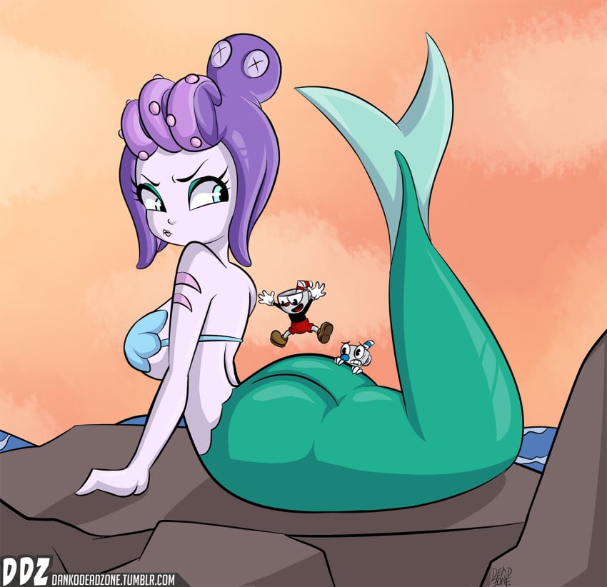 ass ass_grab big_ass bra breasts cala_maria cephalopod_humanoid clothed cuphead cuphead_(game) dankodeadzone eyelashes female footwear frown full_body giantess gloves highres huge_ass jumping large_breasts larger_female looking_back macro male mermaid mermaid_giantess mugman nervous octopus octopus_girl outdoors purple_hair purple_skin shoes shorts sideboob signature siren size_difference smaller_male straight tentacle_hair trio