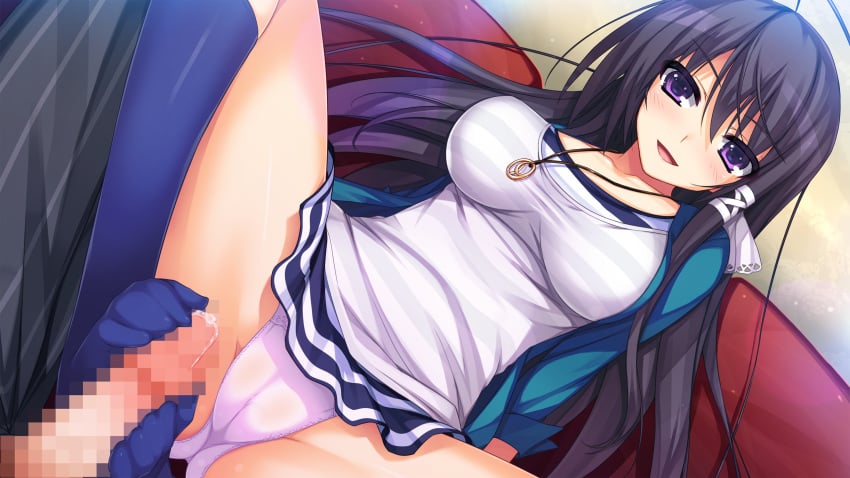 black_hair blush breasts censored collarbone feet female footjob footjob_with_legwear game_cg hair_ribbon highres kneehighs large_breasts long_hair mizuno_rin necklace no_shoes open_mouth panties penis pink_panties purple_eyes reminiscence reminiscence_re:collect ribbon skirt smile socks solo_focus tomose_shunsaku