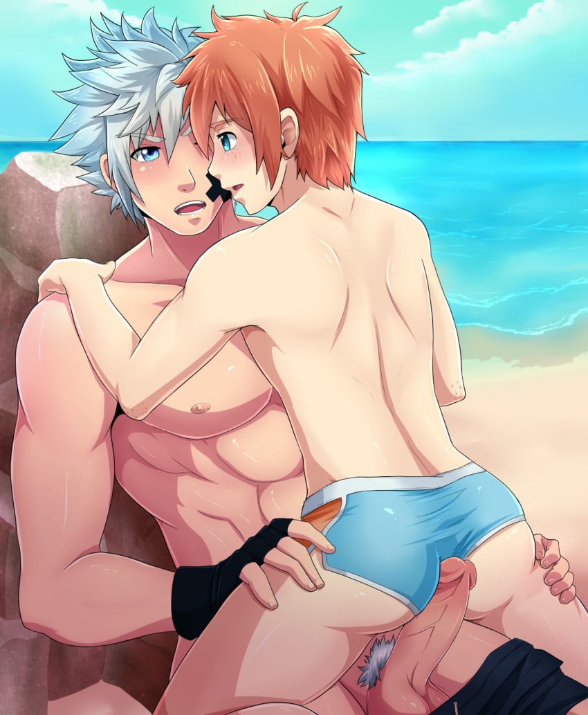 2boys beach blue_eyes gay justsyl muscles nathen orange_hair underwear yaoi