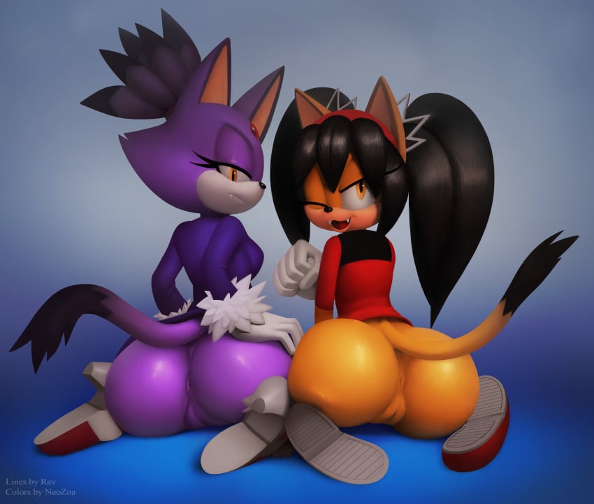 2girls anthro anus ass big_ass blaze_the_cat bottomless bubble_butt clothed clothing dat_ass eyelashes fangs female female_only from_behind furry high_heels honey_the_cat huge_ass kneeling looking_back neozoa no_panties pussy raised_tail ravnic simple_background sonic_(series)