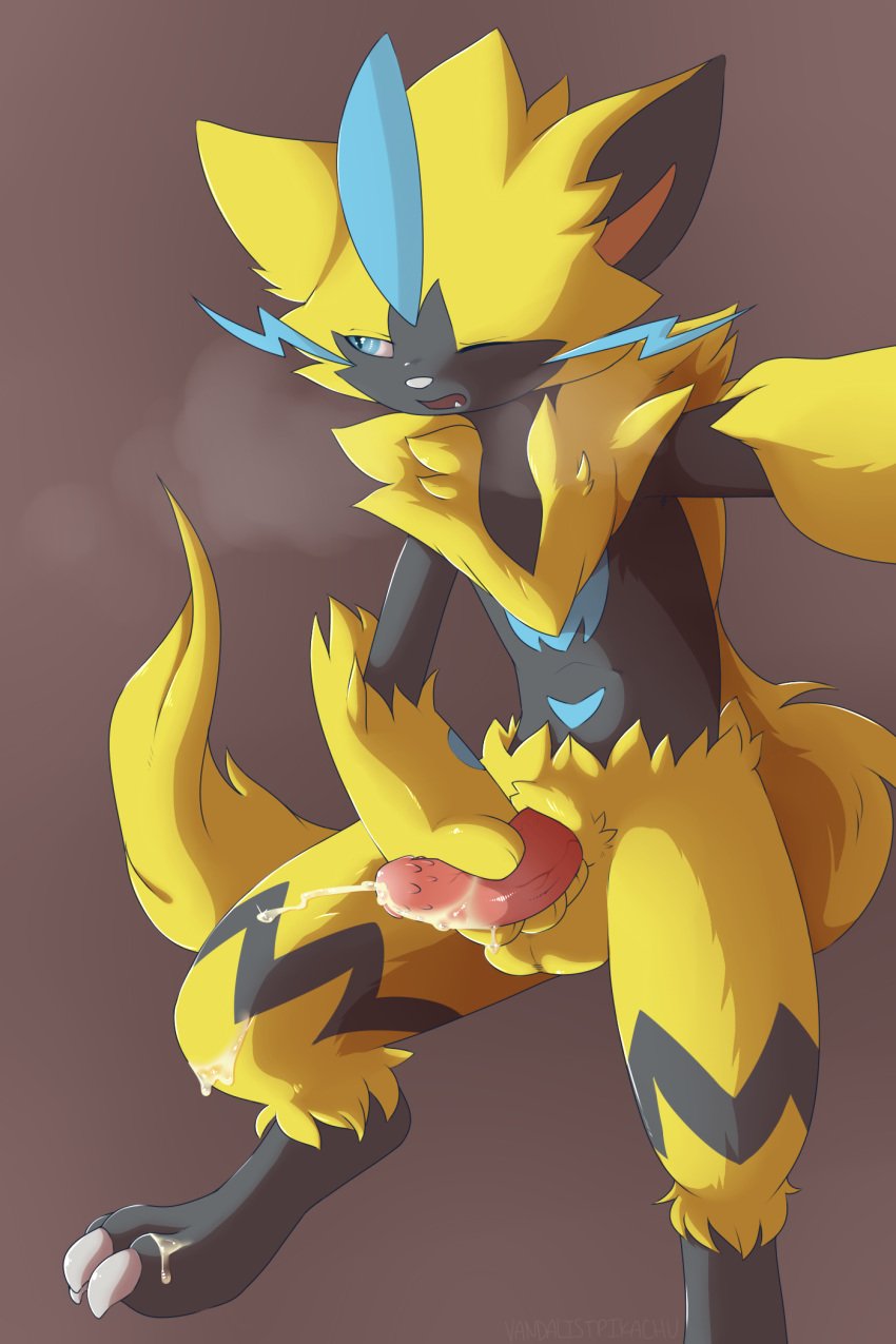 1boy 2017 animal_genitalia cum cum_drip cum_on_leg cum_on_own_leg cumshot ejaculation erection furry legendary_pokémon male male_only male_zeraora masturbation nintendo orgasm penis pokémon_(species) pokemon pokemon_usm testicles vandalistpikachu video_games zeraora