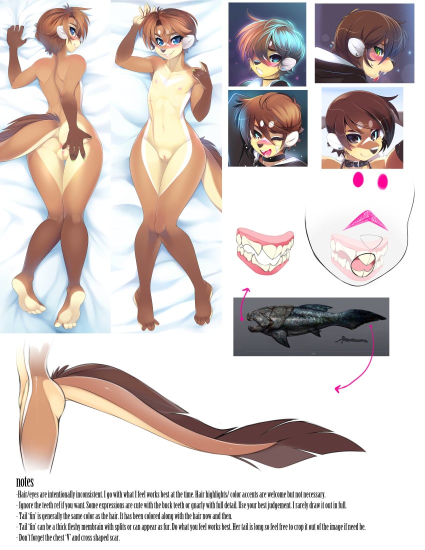 2017 anthro anus ass bed blue_eyes brown_fur brown_hair clothing dunkleosteus ear_piercing english_text female flat_chest flat_chested fur hair hi_res hybrid mammal mik mikhaila model_sheet mustelid nipples nude original otter patreon piercing pussy smile solo teeth tsampikos