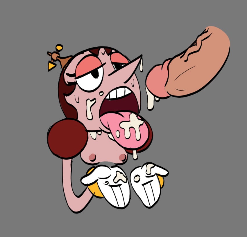 areolae breasts brown_hair cum cum_in_mouth cum_on_tongue cum_on_upper_body cuphead_(game) facial gloves hilda_berg lewd_dewd open_mouth penis pink_skin tagme tongue tongue_out