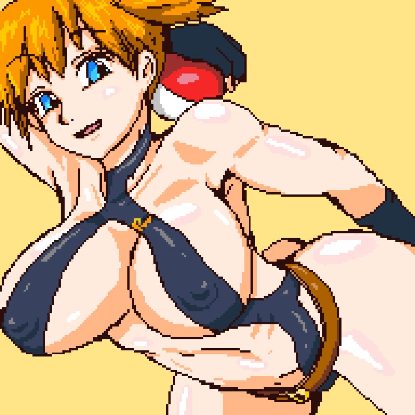 arched_back arm_behind_back arm_behind_head arm_up ass bare_shoulders belt black_gloves black_one-piece_swimsuit blue_eyes breasts brown_belt cleavage collarbone covered_erect_nipples cowboy_shot criss-cross_halter female fingerless_gloves gloves halterneck holding holding_poke_ball kasumi_(pokemon) large_breasts looking_at_viewer misty_(the_electric_tale_of_pikachu) morison_no.1 navel nintendo o-ring o-ring_swimsuit one-piece_swimsuit open_mouth orange_hair poke_ball poke_ball_(basic) pokemon pokemon:_the_electric_tale_of_pikachu pokemon_rgby shiny_skin short_hair side_ponytail simple_background slingshot_swimsuit smile solo swimsuit the_electric_tale_of_pikachu yellow_background