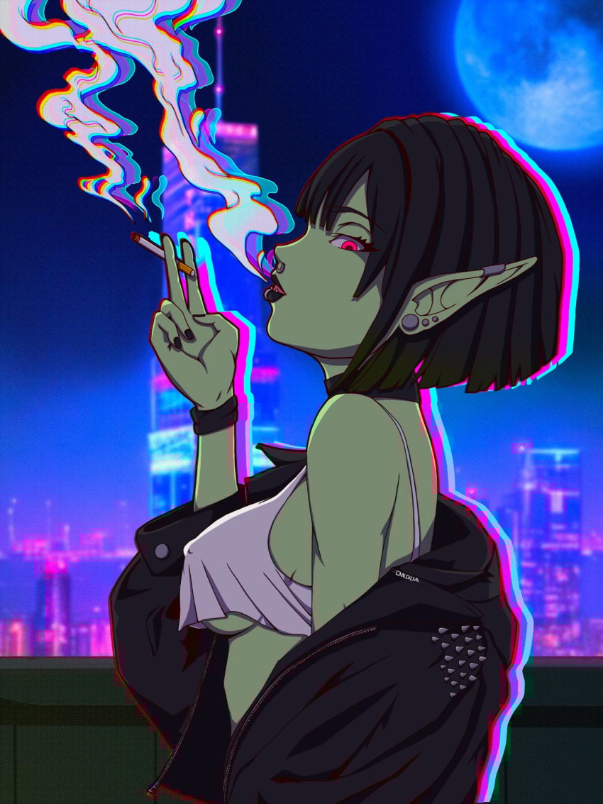 1girls 2025 artist_name artist_signature azala_frostreaver black_hair black_lipstick canuckuma choker cigarette cigarette_smoke cityscape crop_top ear_piercing earings green_skin lip_piercing long_ears looking_at_viewer loose_crop_top multiple_piercings night nipple_bulge nose_piercing orc orc_female original pointy_ears red_eyes side_eye side_view streetwear underboob