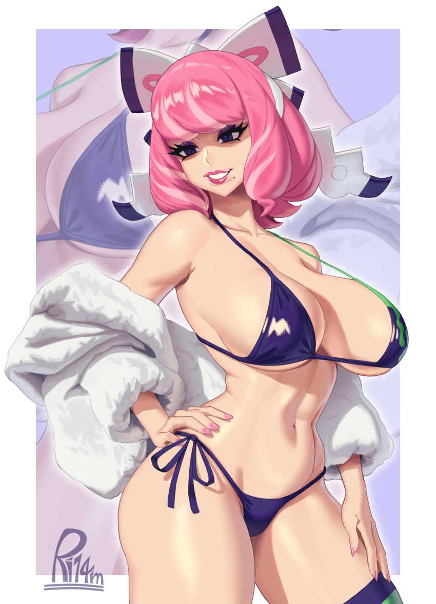 1girls big_breasts bikini breasts cleavage coat drill_hair eyeshadow female fur_coat game_freak green_bikini hair_ornament hairband hi_res klara_(pokemon) makeup mole_under_mouth navel nintendo pink_eyeshadow pink_hair pokemon pokemon_ss purple_bikini purple_eyes ri14m short_hair simple_background solo sweat tagme text thick_thighs thighs twin_drills two-tone_bikini white_background white_hairband