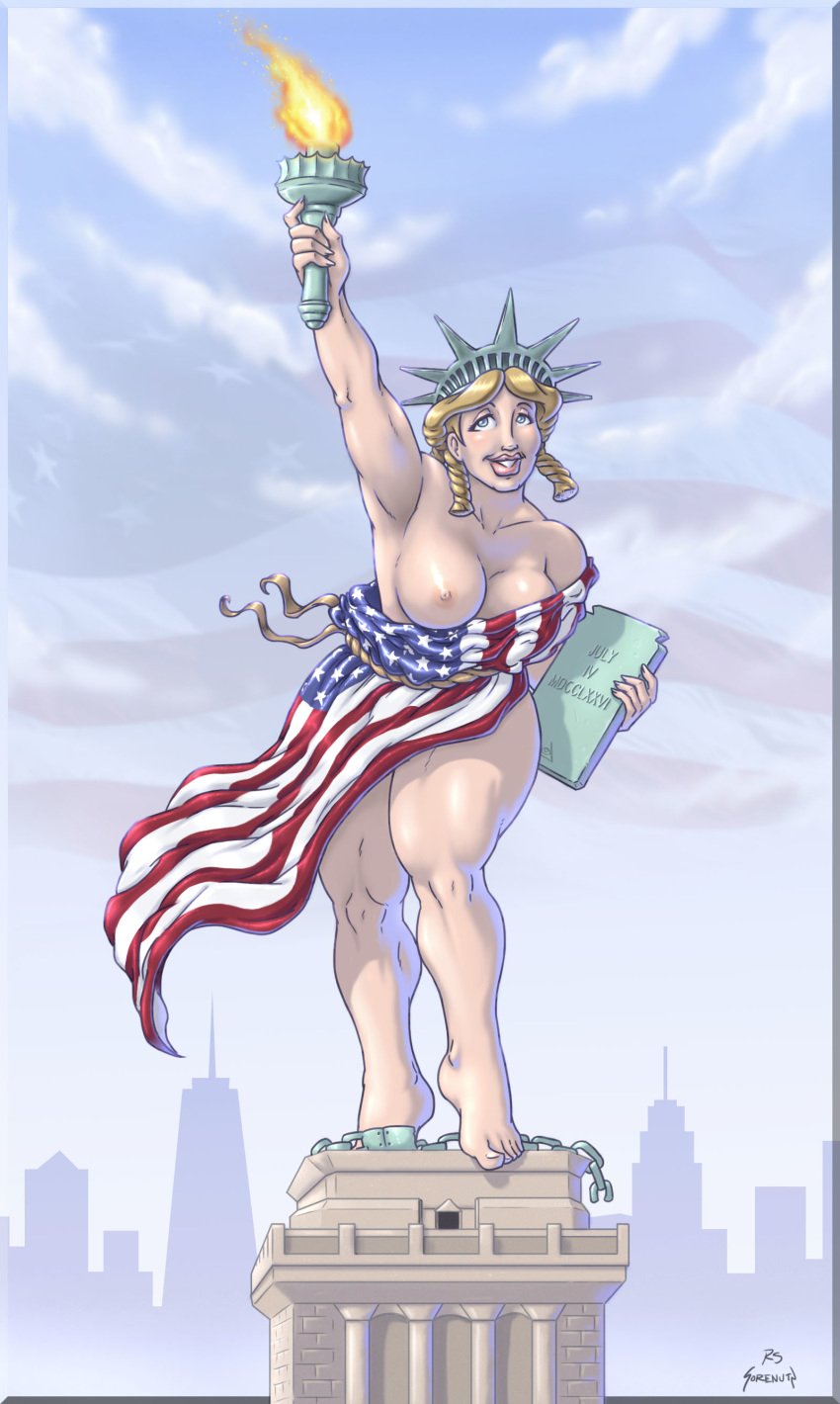 1girls american_flag bbw braids city female female_only flag giantess large_breasts pinup solo sorenutz statue_of_liberty torch