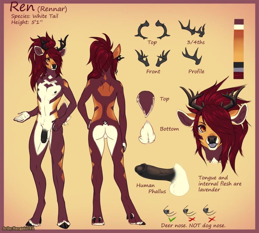 2017 anthro antlers anus ass balls black_nose cervine deer english_text erection fur girly hair hooves horn looking_at_viewer male mammal model_sheet navel nipples nude open_mouth orange_eyes orange_fur penis red_hair rengeki rennar_(rengeki) simple_background smile solo standing text tongue tongue_out white_fur