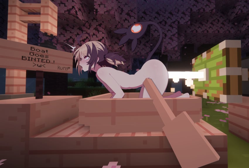ahe_gao ahoge ai_assisted artist_signature blonde_hair brown_hair cherry_blossoms completely_nude end_rod english_text from_side in_boat kurly435 minecraft mixed_media open_mouth pink_eyes piston_(minecraft) sign small_breasts tail tongue_out two_tone_hair