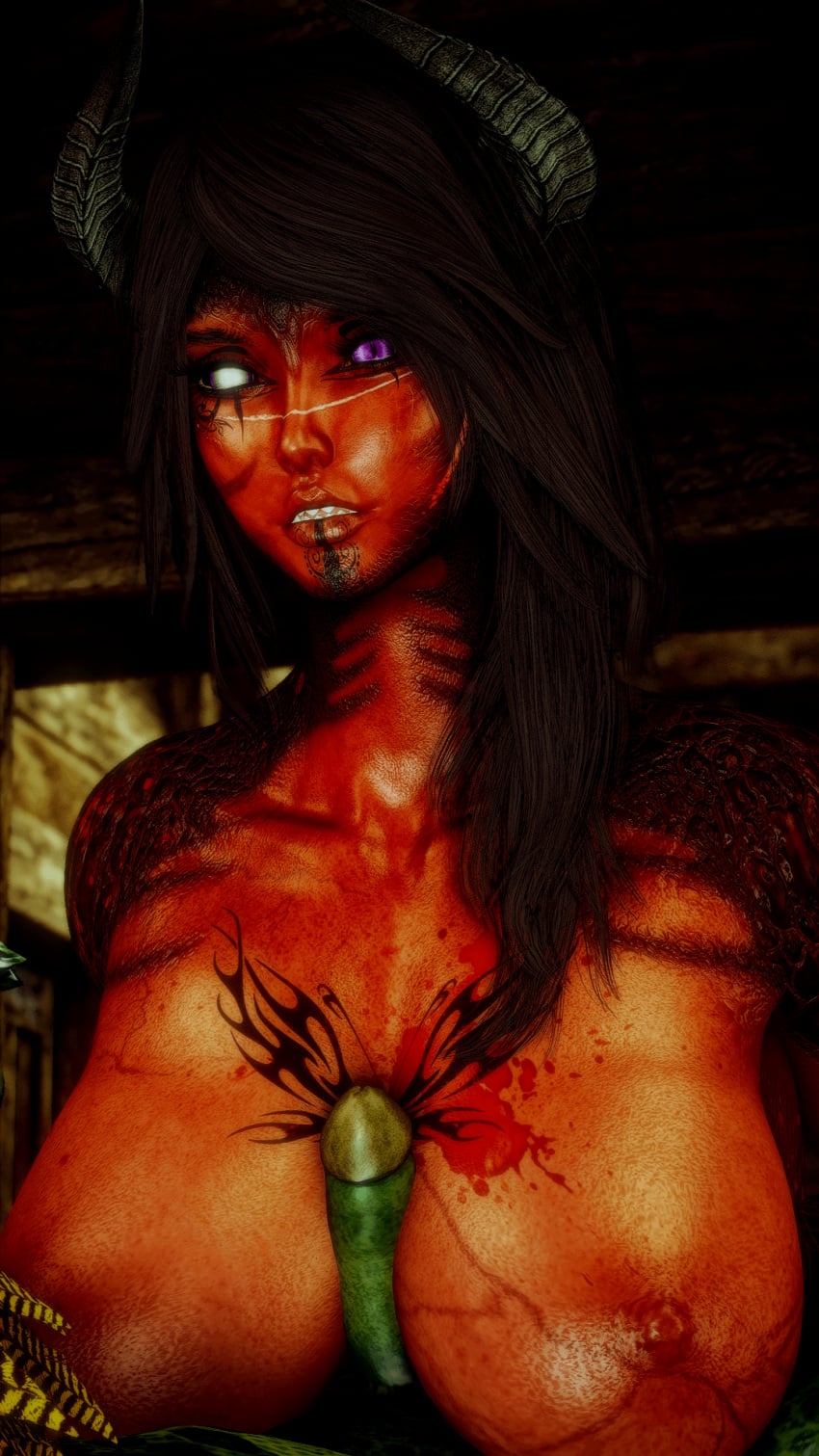 body_markings green_cock original_character purple_eye red_skin red_skinned_female succubus succubus_horns the_elder_scrolls_v:_skyrim titjob white_eye