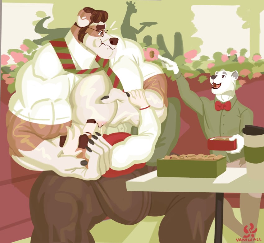 absurd_res anthro background_character barazoku beverage big_bulge big_muscles bodily_fluids border_collie bottomwear breastfeeding brown_body brown_bottomwear brown_clothing brown_fur brown_hair brown_pants bulge cafe canid canine canis clothing collie container cup domestic_dog domestic_ferret father_(lore) father_and_child_(lore) father_and_son_(lore) feeding flower food fur green_bottomwear green_clothing green_pants green_shirt green_topwear group hair hank_howell_(vaniwall) herding_dog hi_res holding_arm huge_bulge huge_muscles jacket lactating larger_anthro larger_male looking_at_another lunch lunchbox male male/male male_breastfeeding male_lactation mammal muscular muscular_anthro muscular_male mustelid musteline necktie on_lap pants parent_(lore) parent_and_child_(lore) parent_and_son_(lore) pastoral_dog pec_grab pecs pink_flower plant red_clothing red_jacket red_topwear sheepdog shirt size_difference smaller_anthro smaller_male son_(lore) tan_body tan_fur topknot topwear trio true_musteline vaniwall vein veiny_muscles weasel white_body white_clothing white_fur white_shirt white_topwear zack_howell
